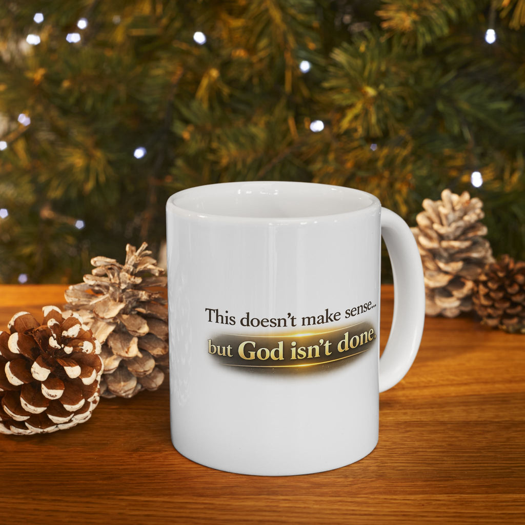 Christian faith encouragement mug with inspirational message on display, surrounded by pine cones and festive decor.