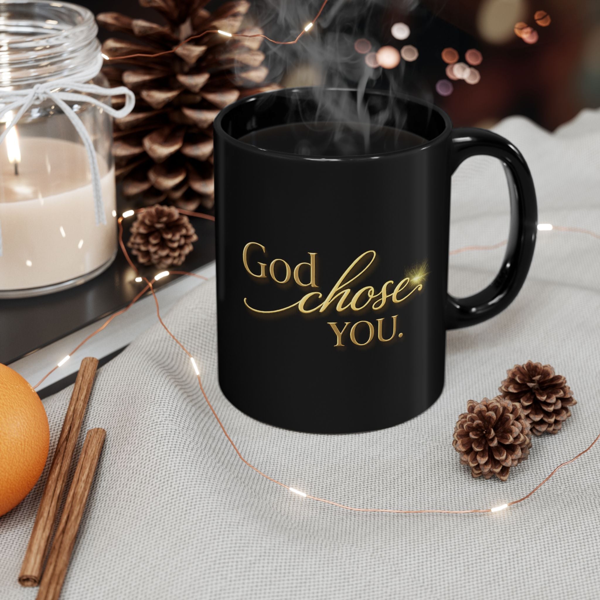 Christian faith coffee mug held in hands — chosen and loved by God