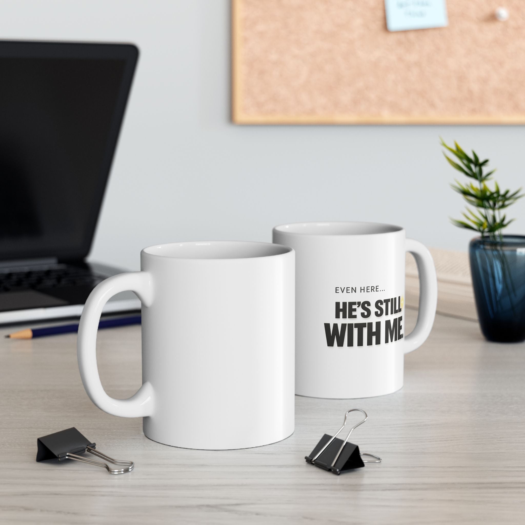 Christian faith coffee mug flat lay with Bible and journal