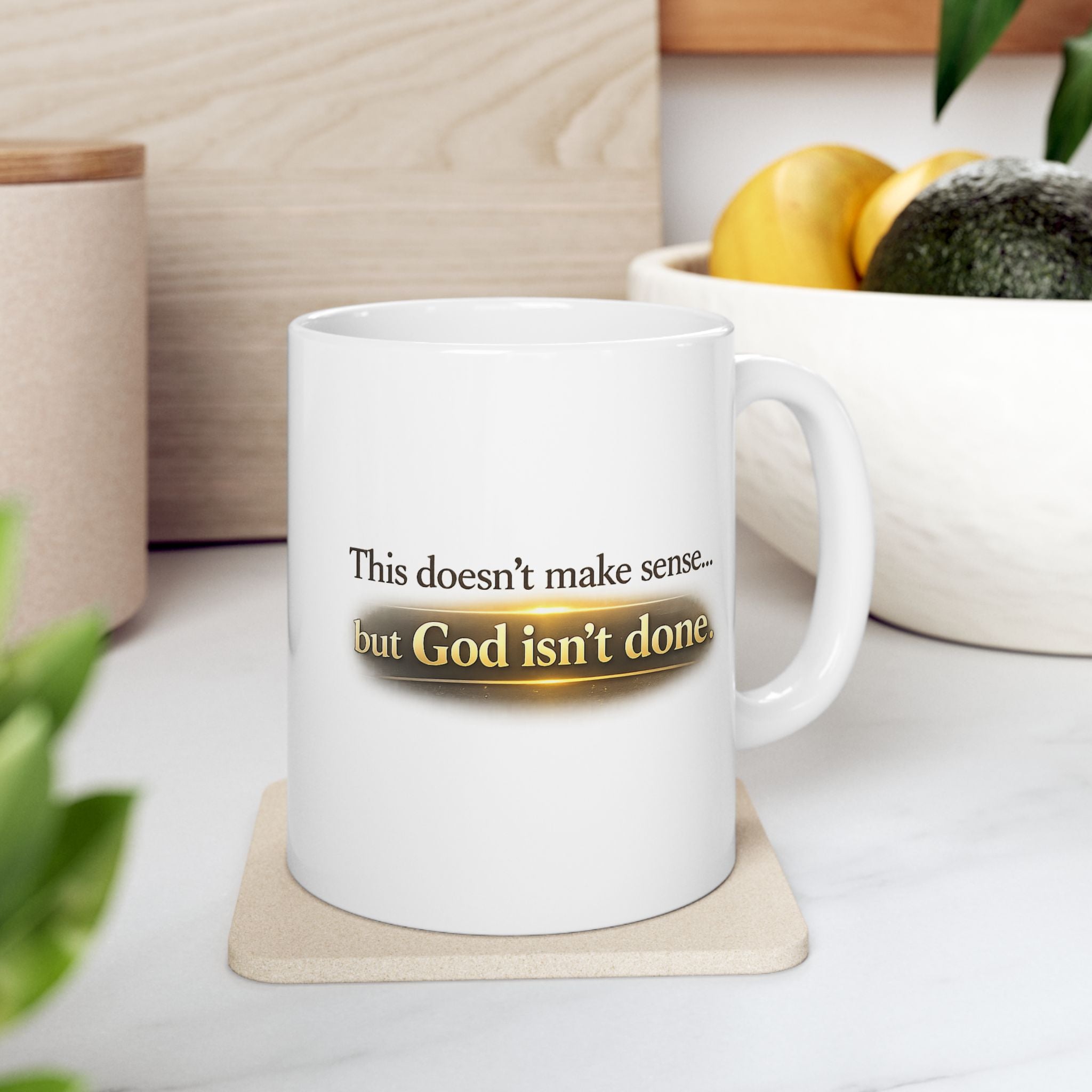 Christian faith encouragement mug featuring a motivational quote about faith and perseverance.