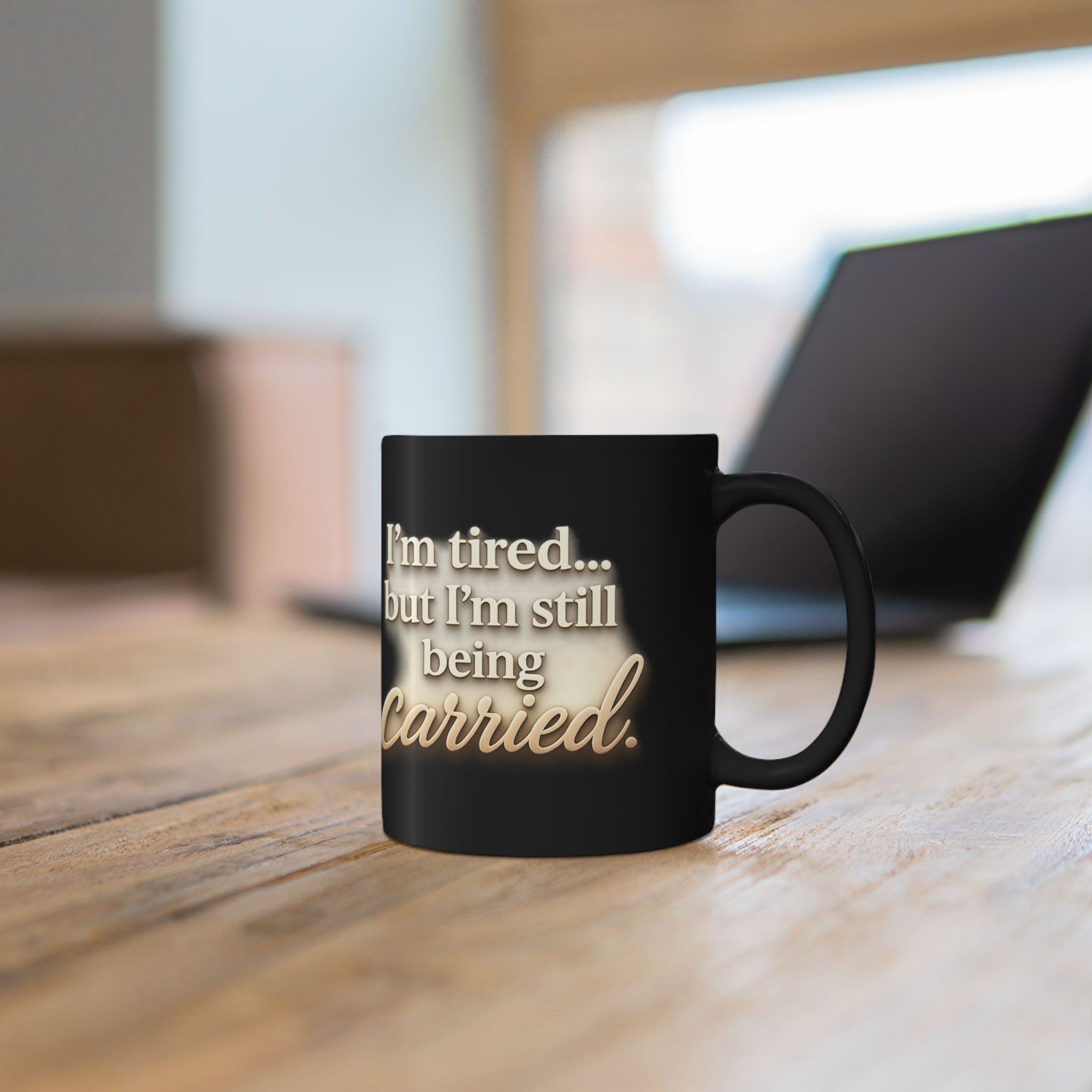Christian faith encouragement mug held in hands — faith over exhaustion