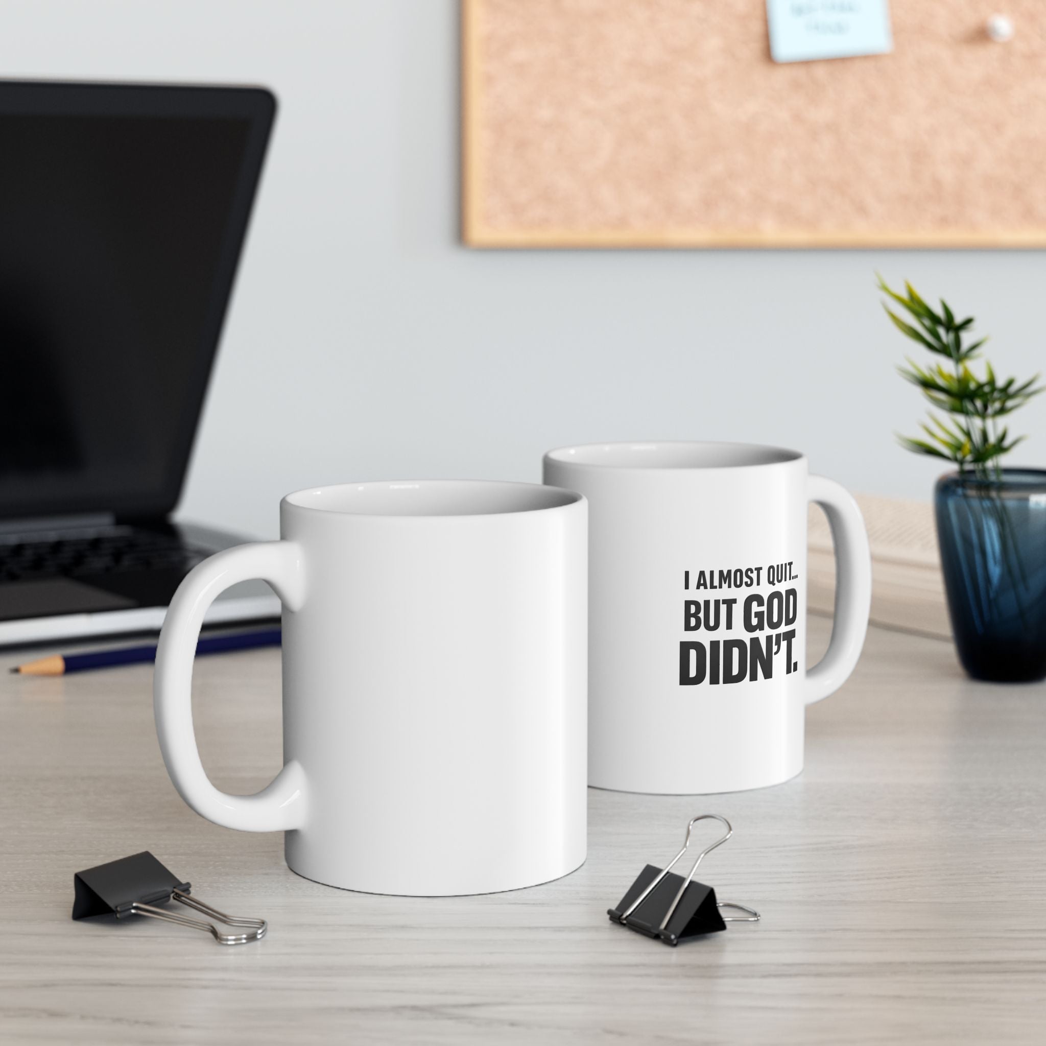 Christian faith encouragement mug held in hands — God never quit on me
