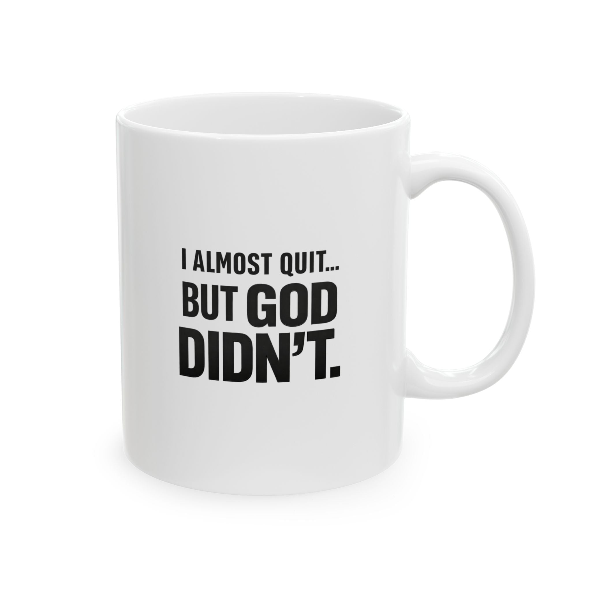 Christian faith encouragement mug on desk during morning prayer and devotional